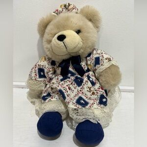 Dan Dee Vintage teddy bear Plush‎ blue white  floral outfit lace with bow 15”